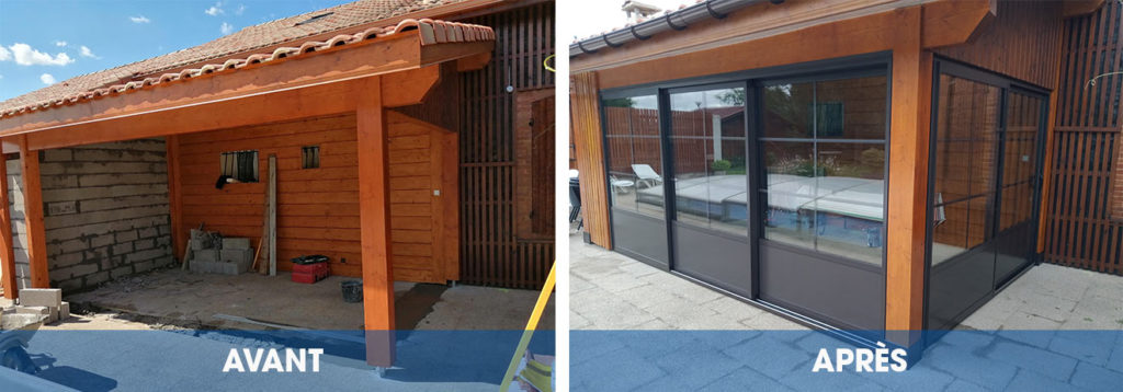 Fermeture de terrasse avec des coulissants 3 vantaux vitrés ral 8019