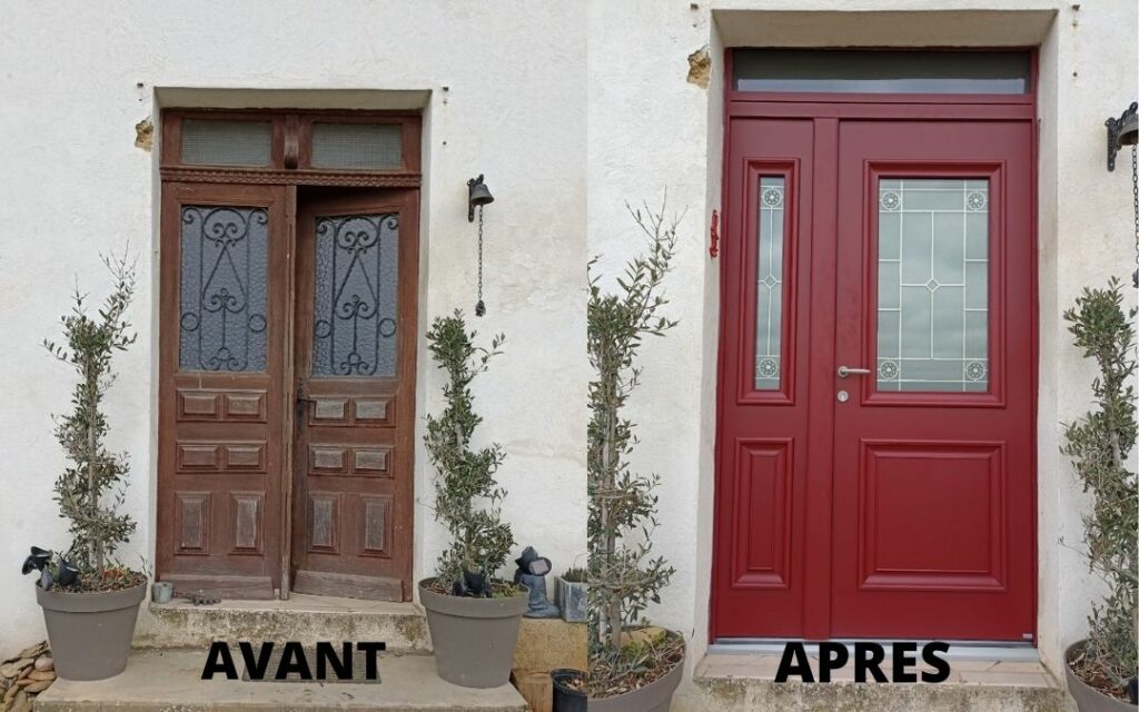 Porte d'entrée rouge en rénovation près de Mees (40)