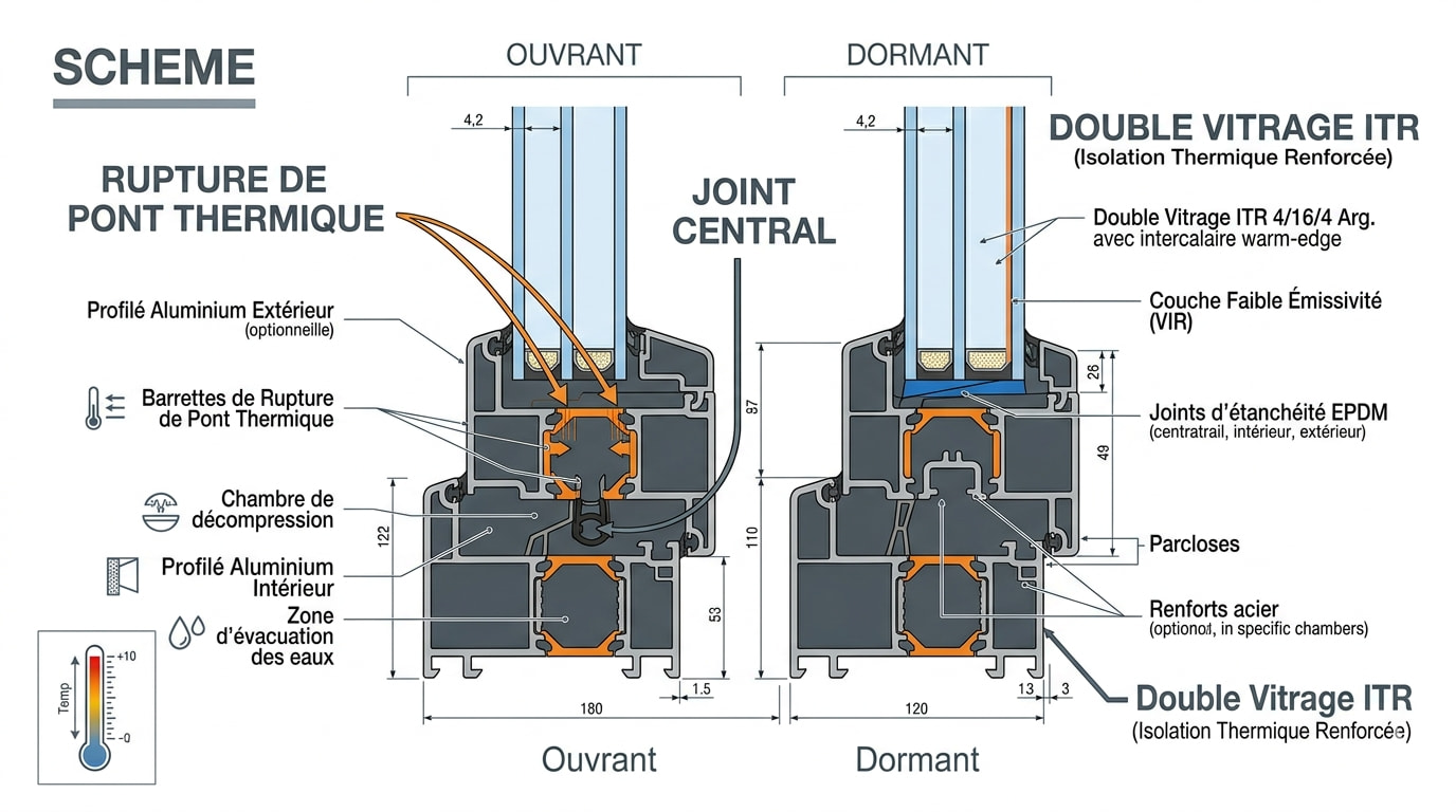 Schéma explicatif d'une vue de coupe d'une menuiserie aluminium
