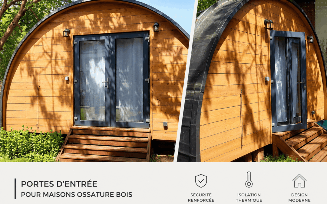 Installation d’une porte d’entrée aluminium anthracite sur maison ossature bois, avec vue de face et de côté, mettant en avant design moderne, sécurité renforcée et isolation thermique.