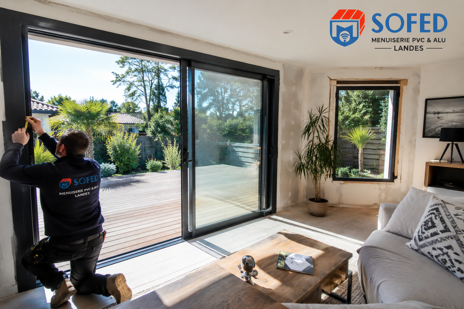 Pose sur mesure d'une baie vitrée aluminium par un technicien SOFED, devis fenêtre dans les Landes